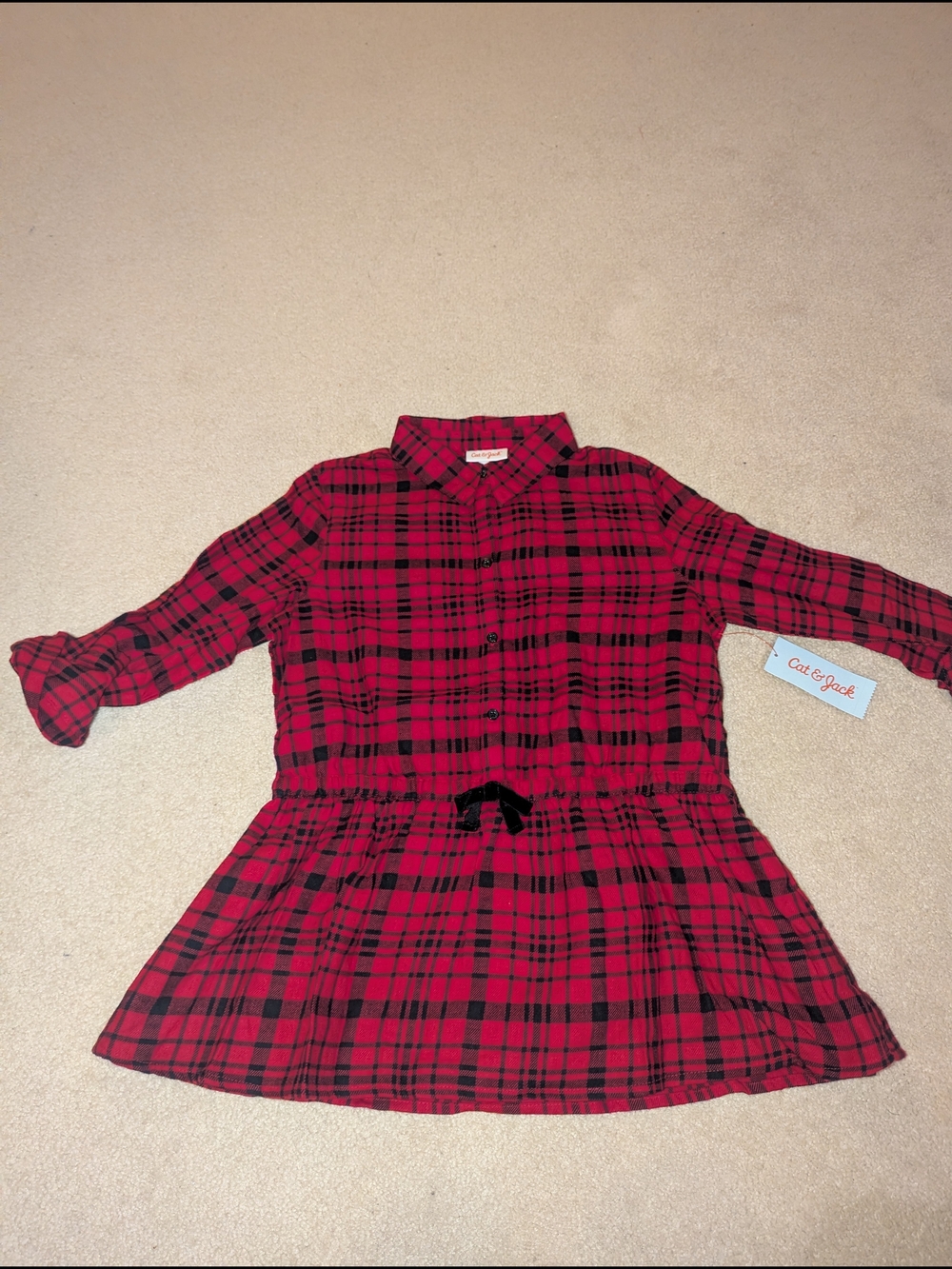 Cat & Jack Girls Red & Black Plaid Flannel Button Down Shirt L 10/12 Plus